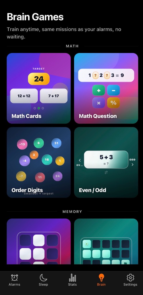 Wake Brain Games screen showing a grid of colorful mini game cards for math and memory challenges
