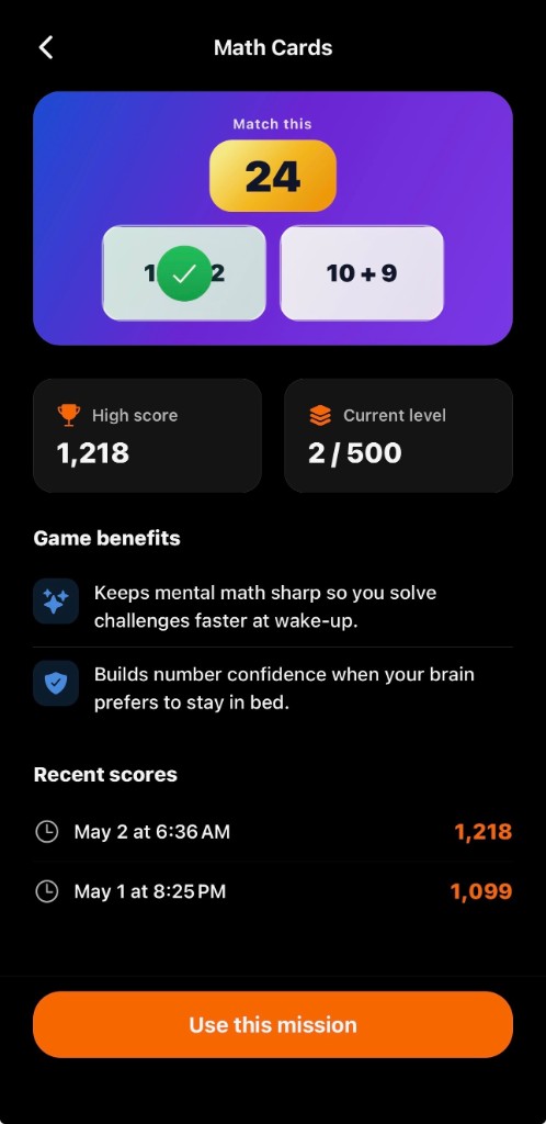 Math Cards mission preview with target number, answer choices, high score, and recent scores