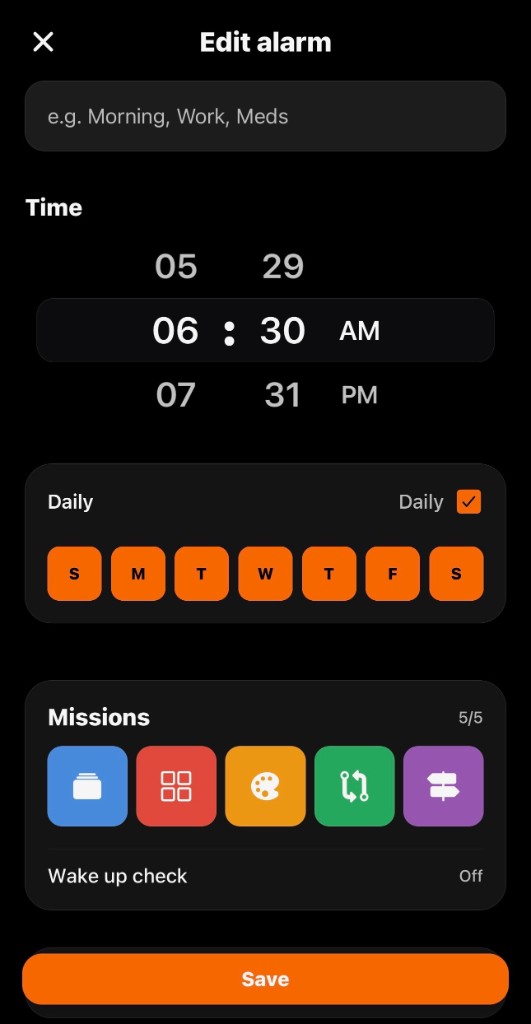 Edit alarm screen with time picker, schedule, and mission brain game icons