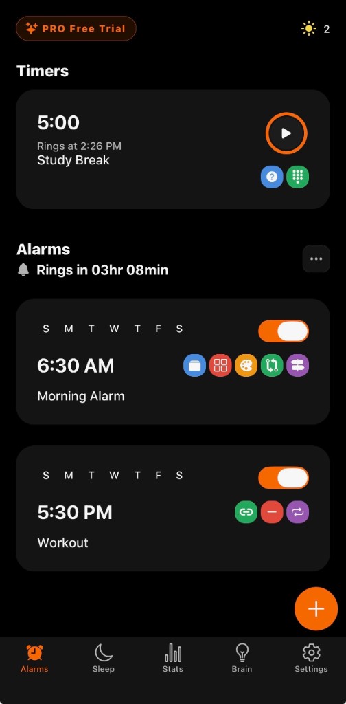 Alarms list with timers, alarm cards, and tab navigation