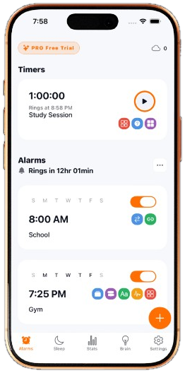 Wake app home screen with timers and alarms